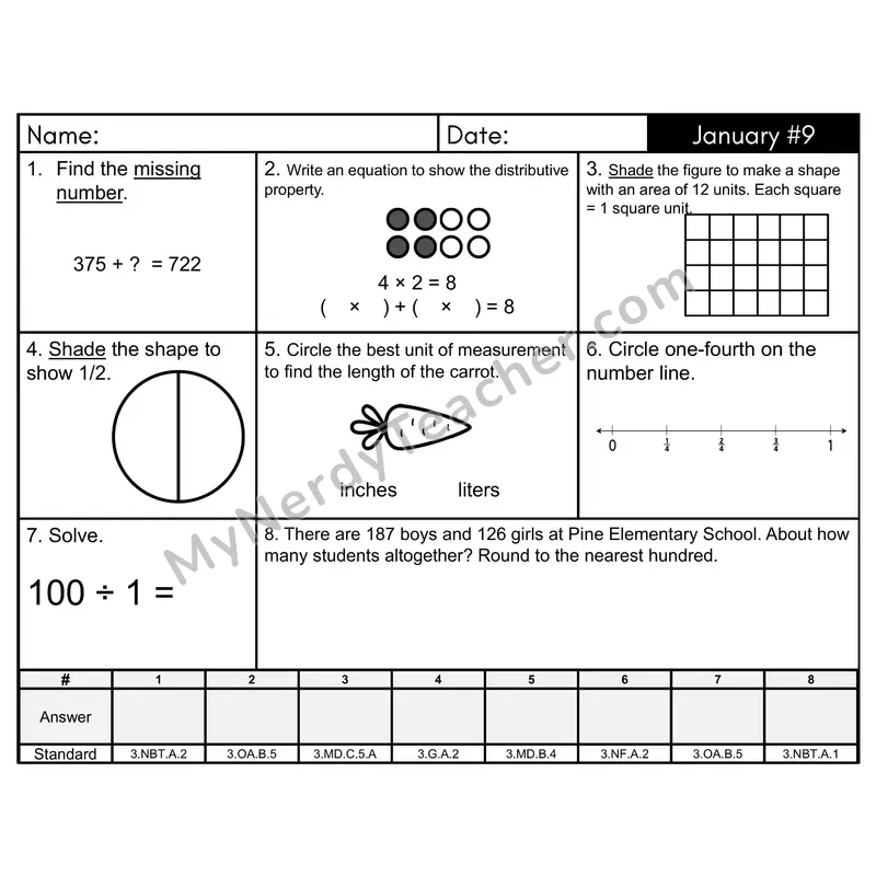 3rd Grade Spiral Morning Work Editable PowerPoint — January Day 9: Addition & Subtraction
