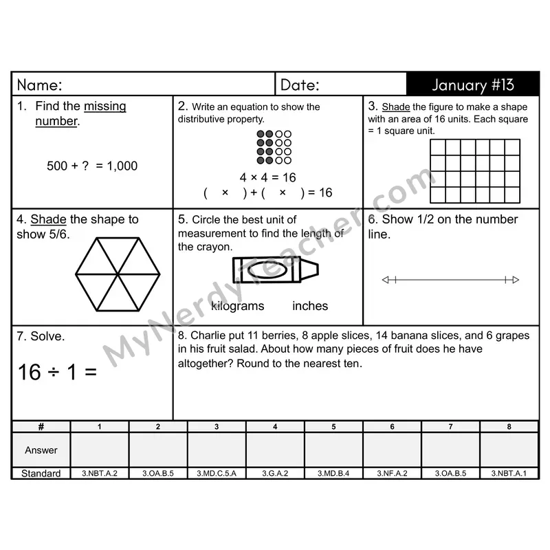 3rd Grade Spiral Morning Work Editable PowerPoint — January Day 13: Addition & Subtraction