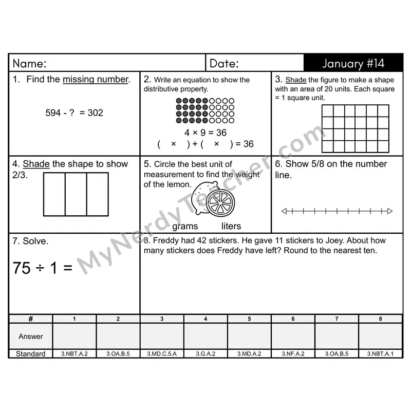 3rd Grade Spiral Morning Work Editable PowerPoint — January Day 14: Addition & Subtraction