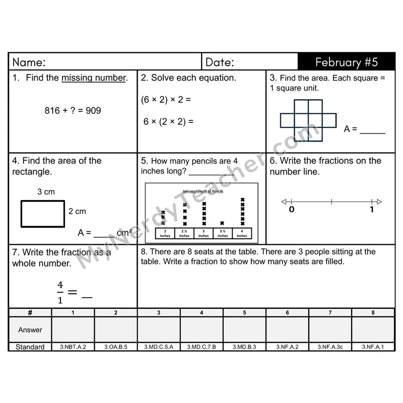 3rd Grade Spiral Morning Work Editable PowerPoint — February Day 5: Fractions, Area