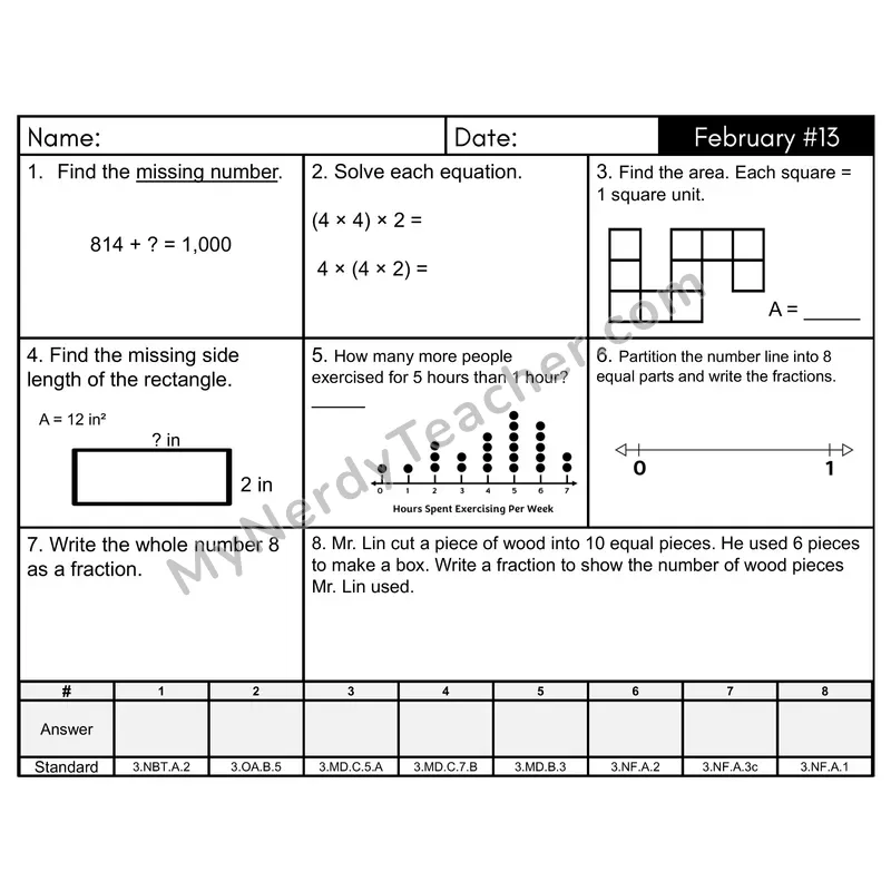 3rd Grade Spiral Morning Work Editable PowerPoint — February Day 13: Fractions, Area
