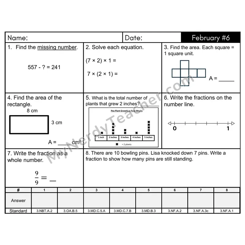 3rd Grade Spiral Morning Work Editable PowerPoint — February Day 6: Fractions, Area
