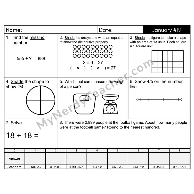 3rd Grade Spiral Morning Work Editable PowerPoint — January Day 19: Addition & Subtraction