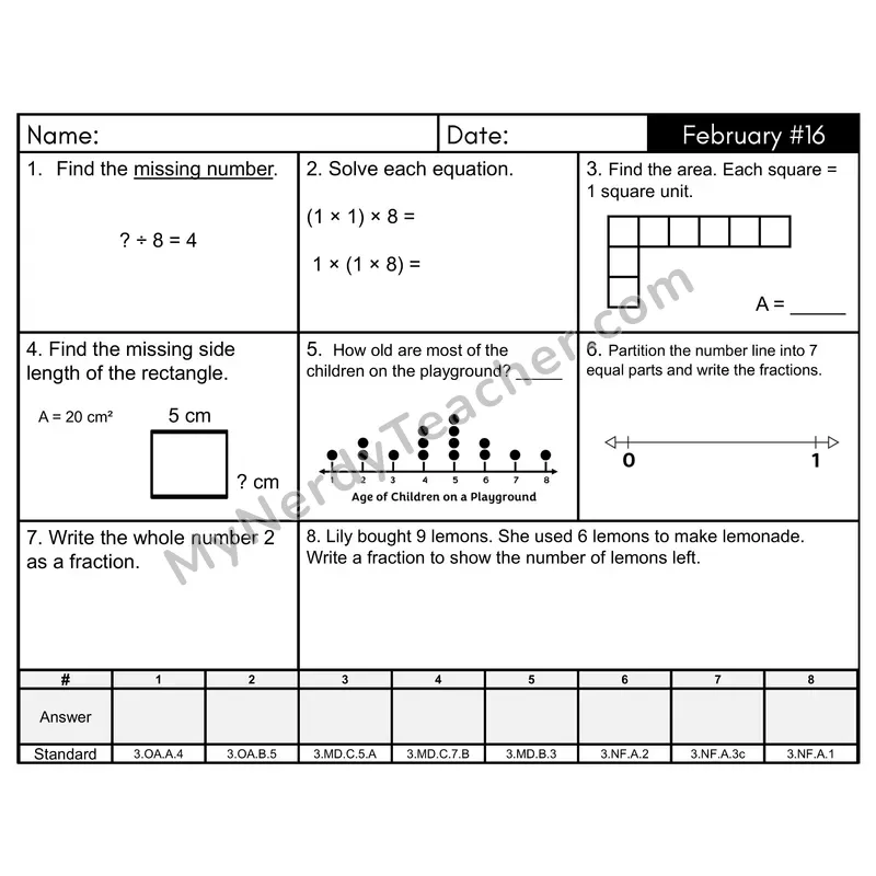 3rd Grade Spiral Morning Work Editable PowerPoint — February Day 16: Fractions, Area