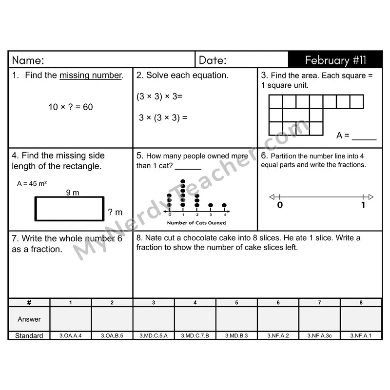 3rd Grade Spiral Morning Work Editable PowerPoint — February Day 11: Fractions, Area