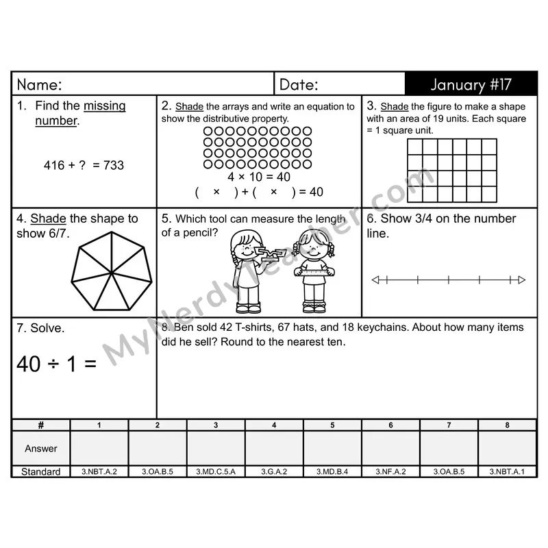 3rd Grade Spiral Morning Work Editable PowerPoint — January Day 17: Addition & Subtraction