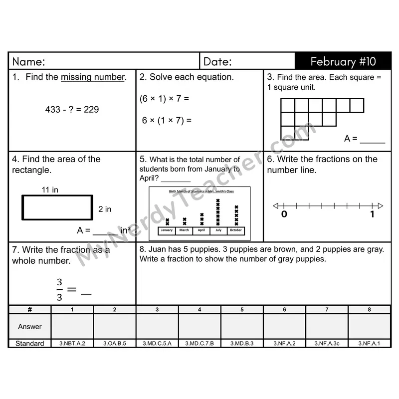 3rd Grade Spiral Morning Work Editable PowerPoint — February Day 10: Fractions, Area