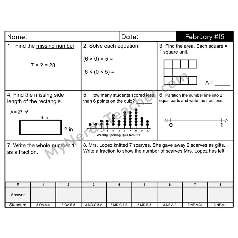 3rd Grade Spiral Morning Work Editable PowerPoint — February Day 15: Fractions, Area
