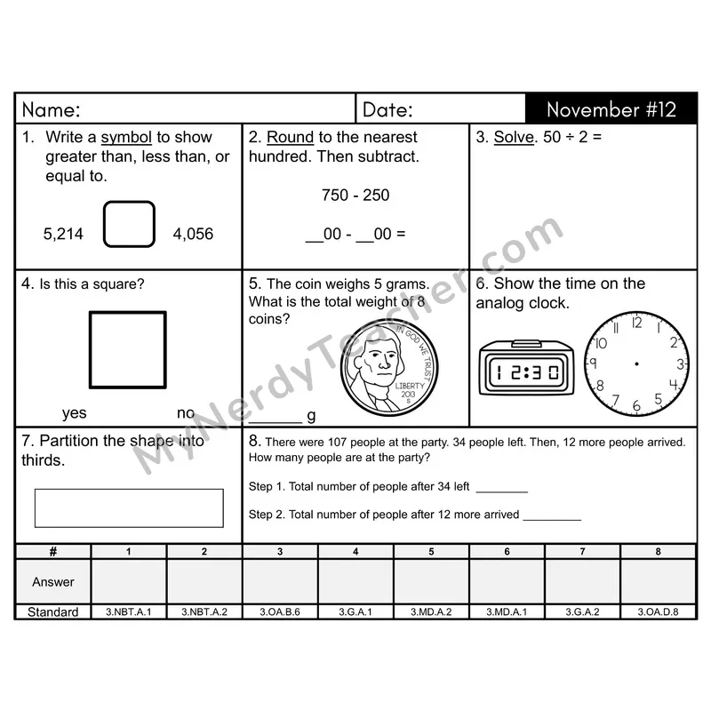 3rd Grade Spiral Morning Work Editable PowerPoint — November Day 12: Geometry, Rounding
