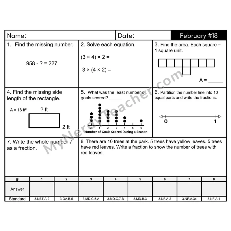 3rd Grade Spiral Morning Work Editable PowerPoint — February Day 18: Fractions, Area