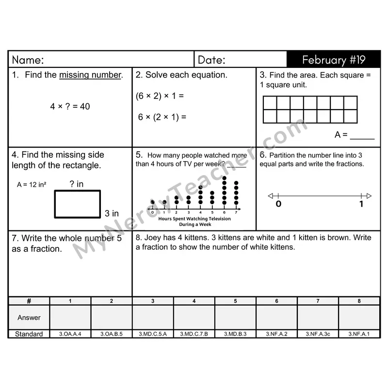 3rd Grade Spiral Morning Work Editable PowerPoint — February Day 19: Fractions, Area