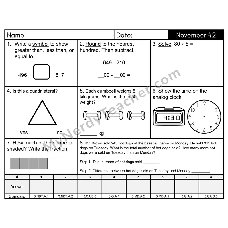 3rd Grade Spiral Morning Work Editable PowerPoint — November Day 2: Geometry, Rounding