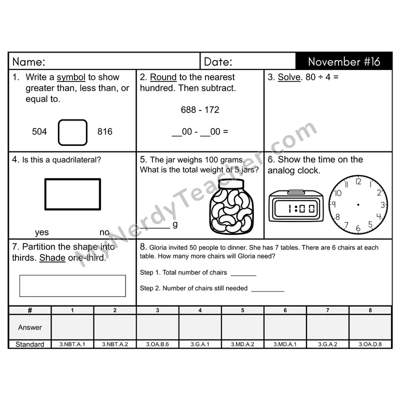 3rd Grade Spiral Morning Work Editable PowerPoint — November Day 16: Geometry, Rounding