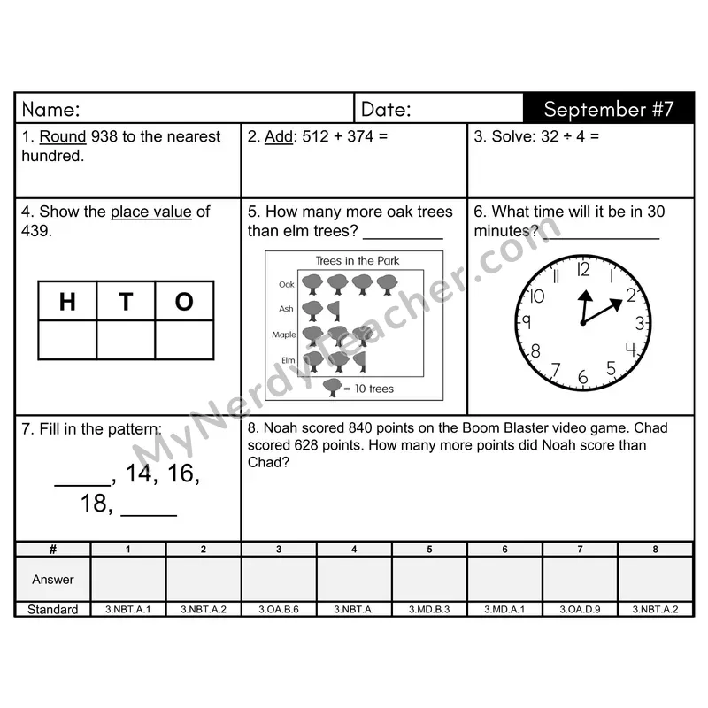 3rd Grade Spiral Morning Work Editable PowerPoint — September Day 7: Rounding, Addition & Subtraction