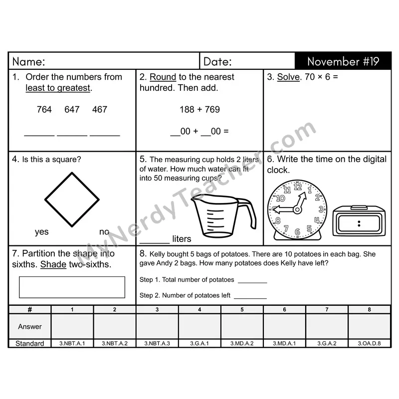 3rd Grade Spiral Morning Work Editable PowerPoint — November Day 19: Geometry, Rounding