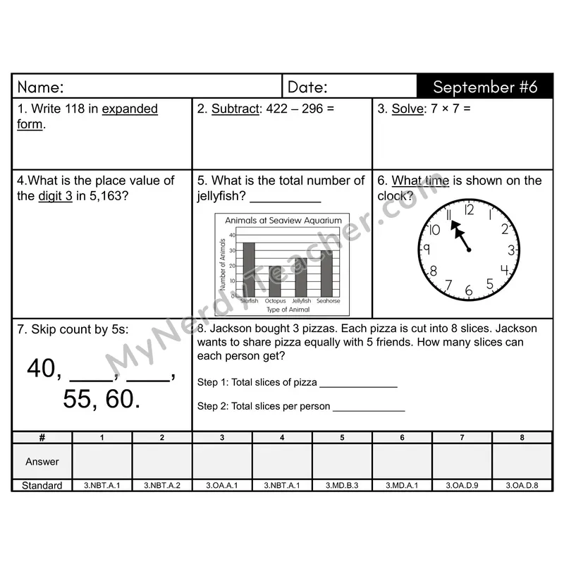 3rd Grade Spiral Morning Work Editable PowerPoint — September Day 6: Rounding, Addition & Subtraction