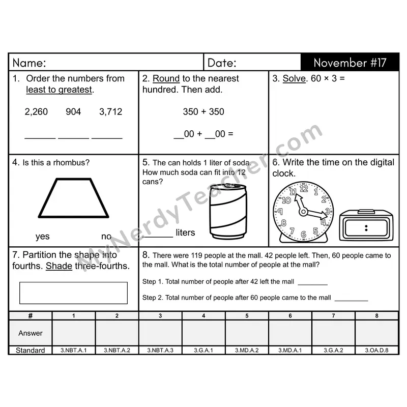 3rd Grade Spiral Morning Work Editable PowerPoint — November Day 17: Geometry, Rounding