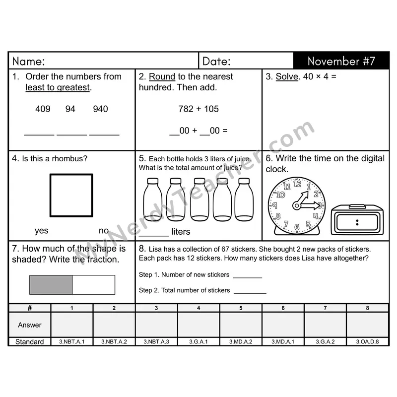 3rd Grade Spiral Morning Work Editable PowerPoint — November Day 7: Geometry, Rounding