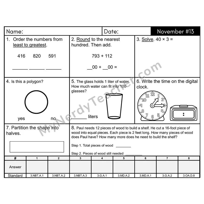 3rd Grade Spiral Morning Work Editable PowerPoint — November Day 13: Geometry, Rounding