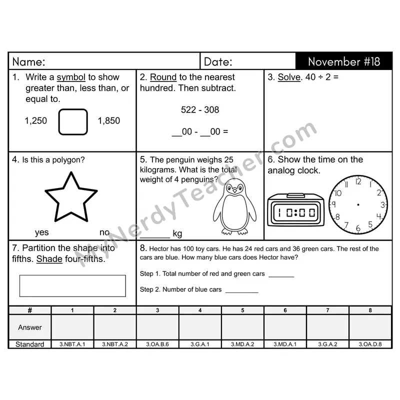 3rd Grade Spiral Morning Work Editable PowerPoint — November Day 18: Geometry, Rounding