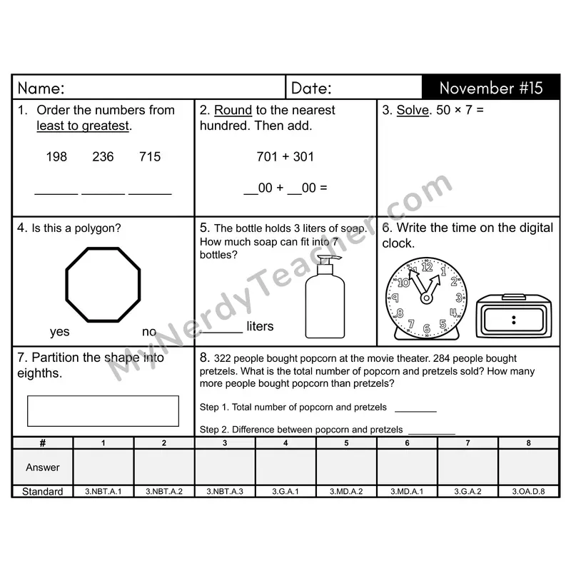 3rd Grade Spiral Morning Work Editable PowerPoint — November Day 15: Geometry, Rounding