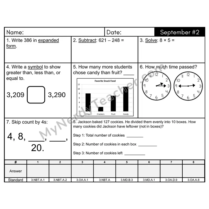 3rd Grade Spiral Morning Work Editable PowerPoint — September Day 2: Rounding, Addition & Subtraction