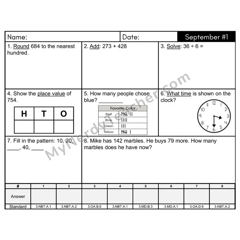 3rd Grade Spiral Morning Work Editable PowerPoint — September Day 1: Rounding, Addition & Subtraction