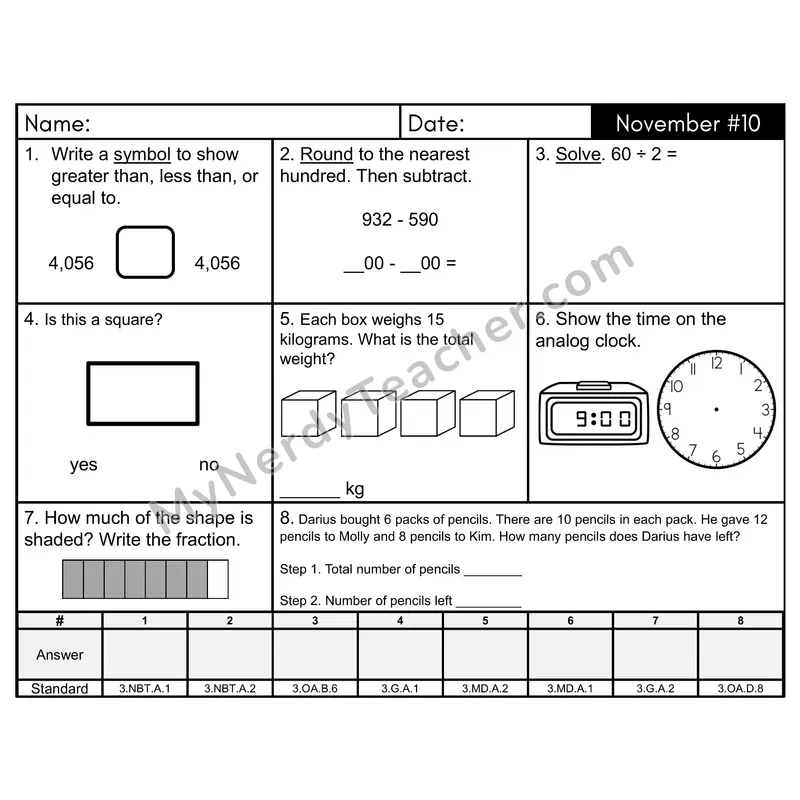 3rd Grade Spiral Morning Work Editable PowerPoint — November Day 10: Geometry, Rounding