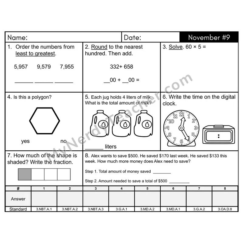 3rd Grade Spiral Morning Work Editable PowerPoint — November Day 9: Geometry, Rounding