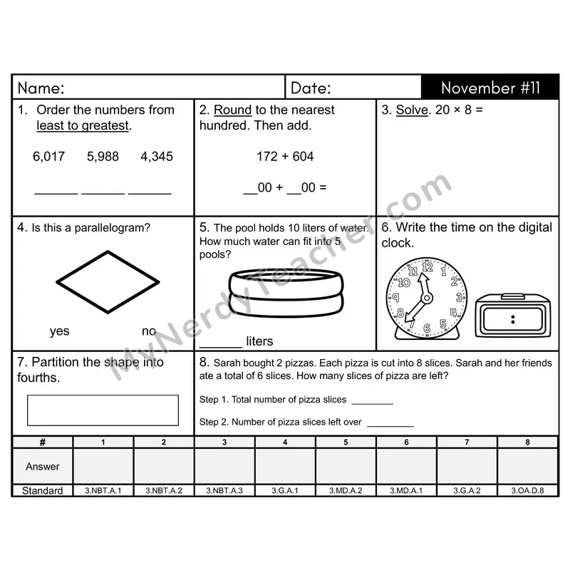 3rd Grade Spiral Morning Work Editable PowerPoint — November Day 11: Geometry, Rounding
