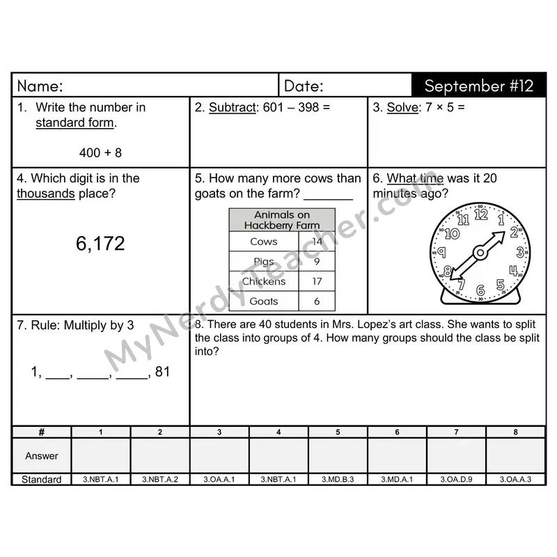 3rd Grade Spiral Morning Work Editable PowerPoint — September Day 12: Rounding