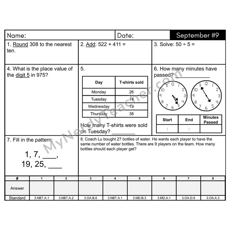 3rd Grade Spiral Morning Work Editable PowerPoint — September Day 9: Rounding, Addition & Subtraction