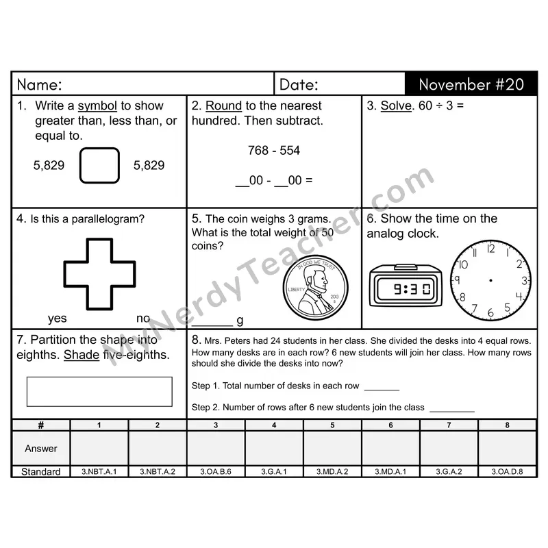 3rd Grade Spiral Morning Work Editable PowerPoint — November Day 20: Geometry, Rounding