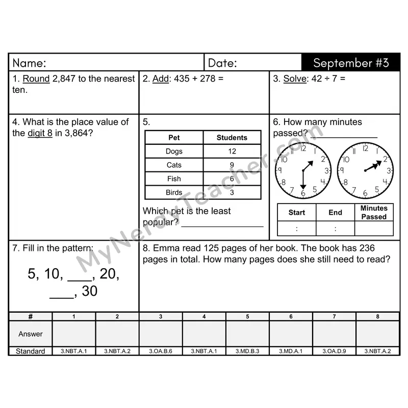 3rd Grade Spiral Morning Work Editable PowerPoint — September Day 3: Rounding, Addition & Subtraction