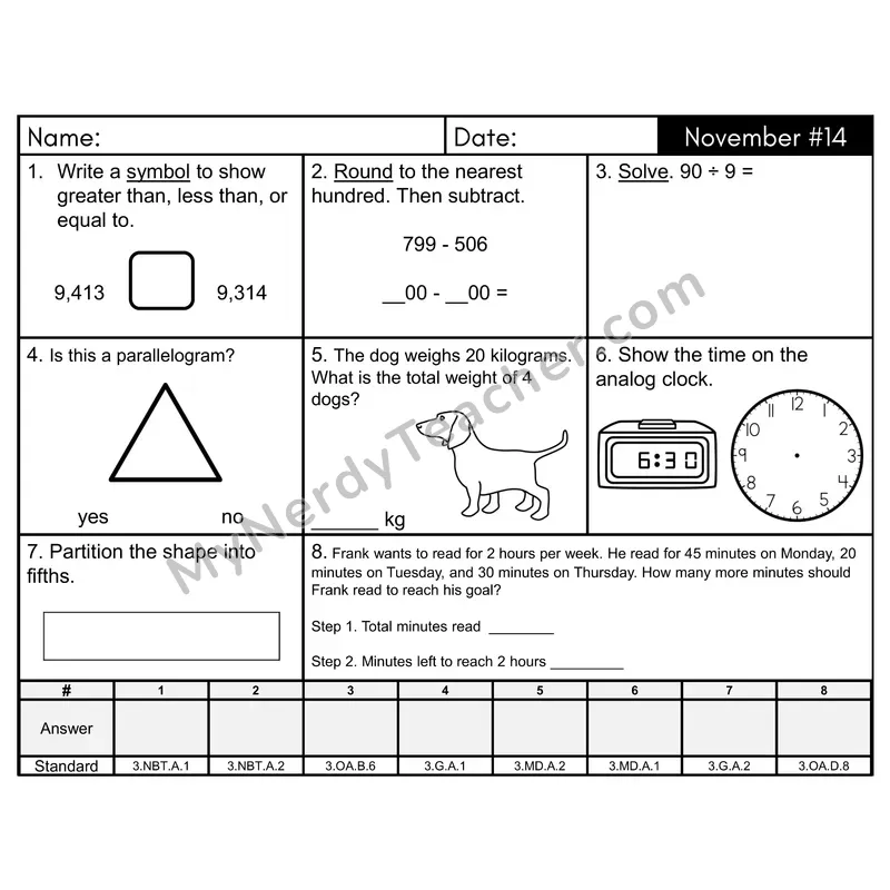 3rd Grade Spiral Morning Work Editable PowerPoint — November Day 14: Geometry, Rounding