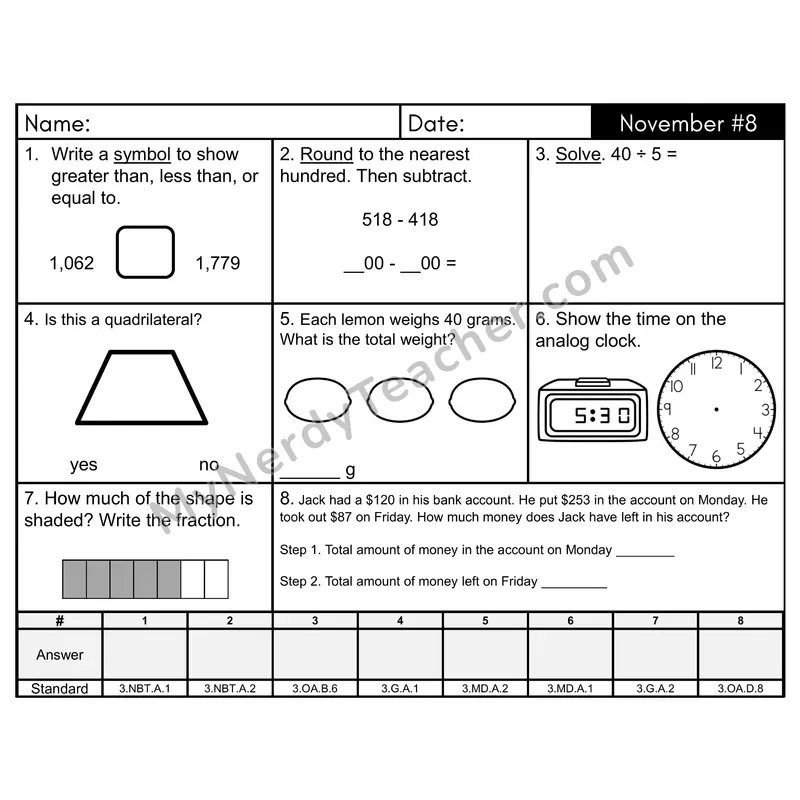 3rd Grade Spiral Morning Work Editable PowerPoint — November Day 8: Geometry, Rounding