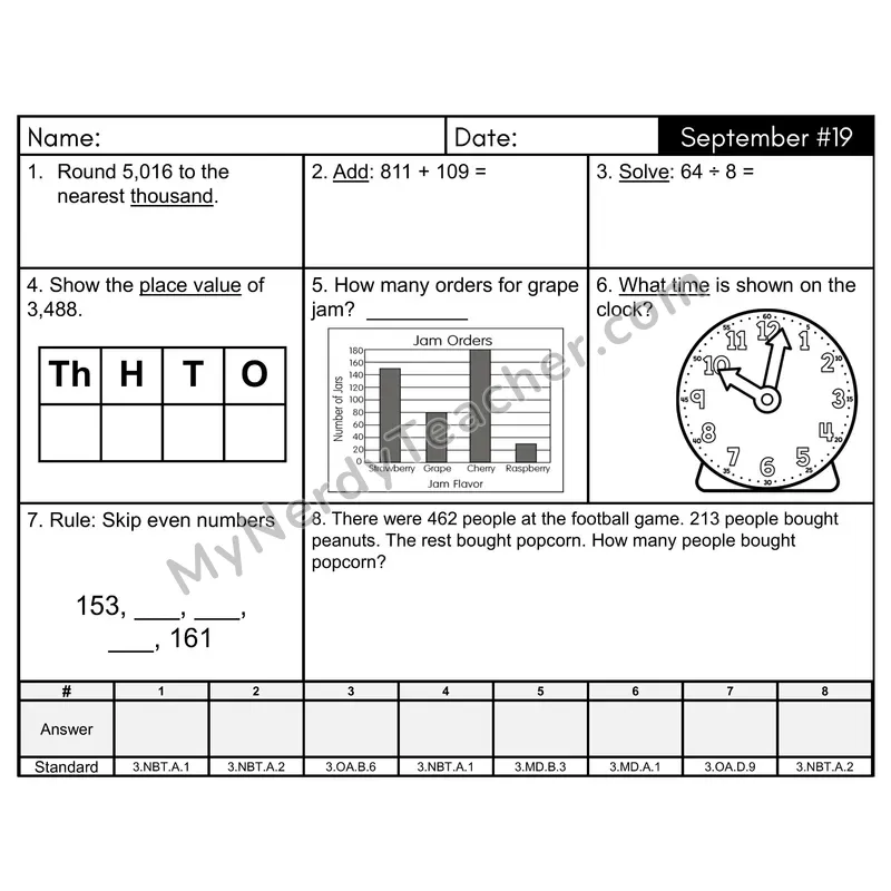 3rd Grade Spiral Math Review Morning Work — September Day 19: Rounding, Addition & Subtraction