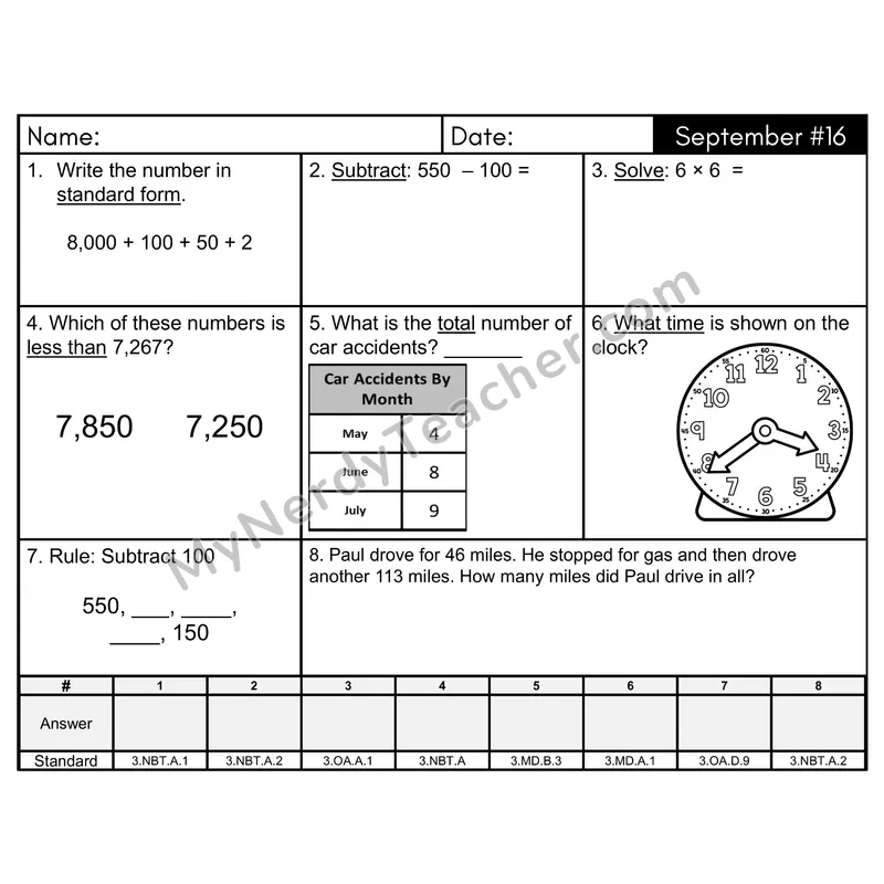 3rd Grade Spiral Math Review Morning Work — September Day 16: Rounding, Addition & Subtraction