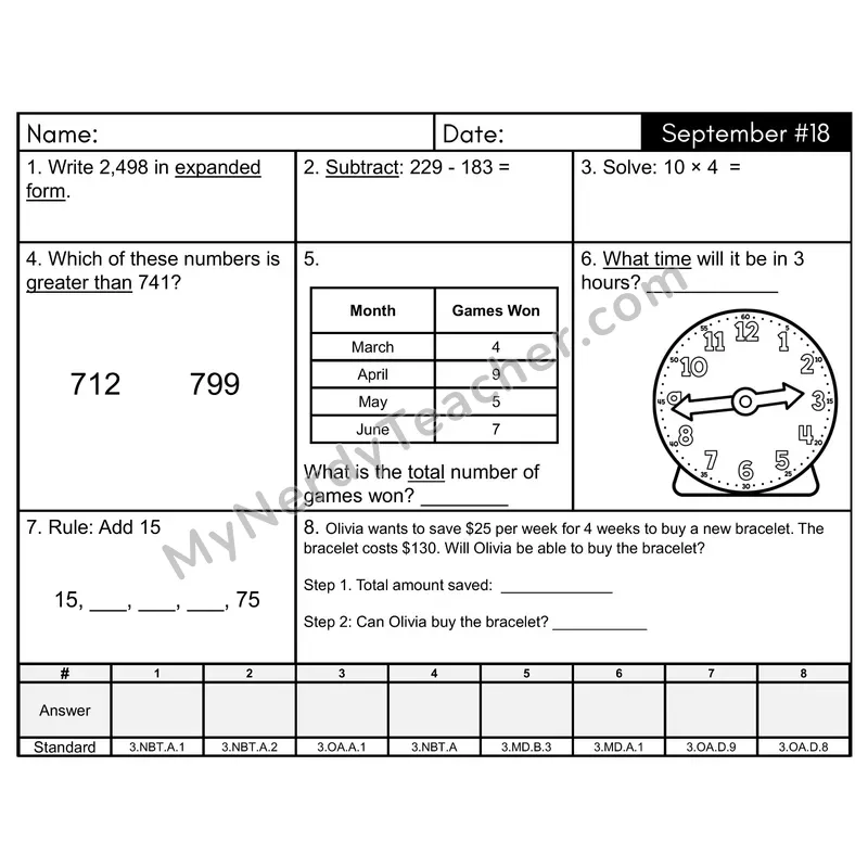 3rd Grade Spiral Math Review Morning Work — September Day 18: Rounding, Addition & Subtraction