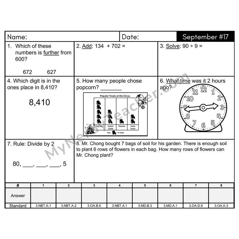 3rd Grade Spiral Math Review Morning Work — September Day 17: Rounding, Addition & Subtraction