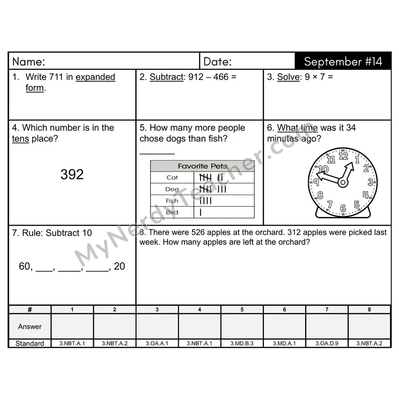 3rd Grade Spiral Math Review Morning Work — September Day 14: Rounding, Addition & Subtraction