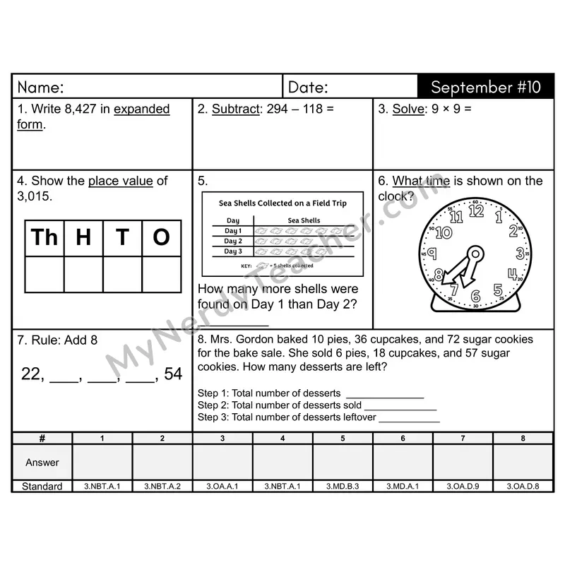 3rd Grade Spiral Math Review Morning Work — September Day 10: Rounding, Addition & Subtraction