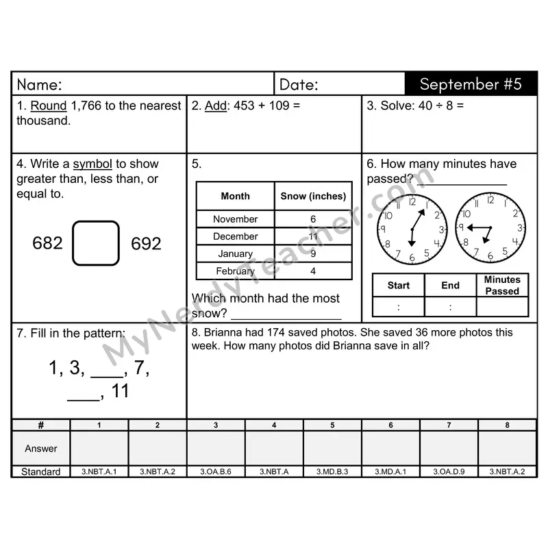 3rd Grade Spiral Math Review Morning Work — September Day 5: Rounding, Addition & Subtraction