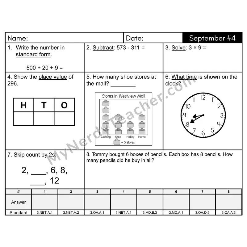 3rd Grade Spiral Math Review Morning Work — September Day 4: Rounding, Addition & Subtraction