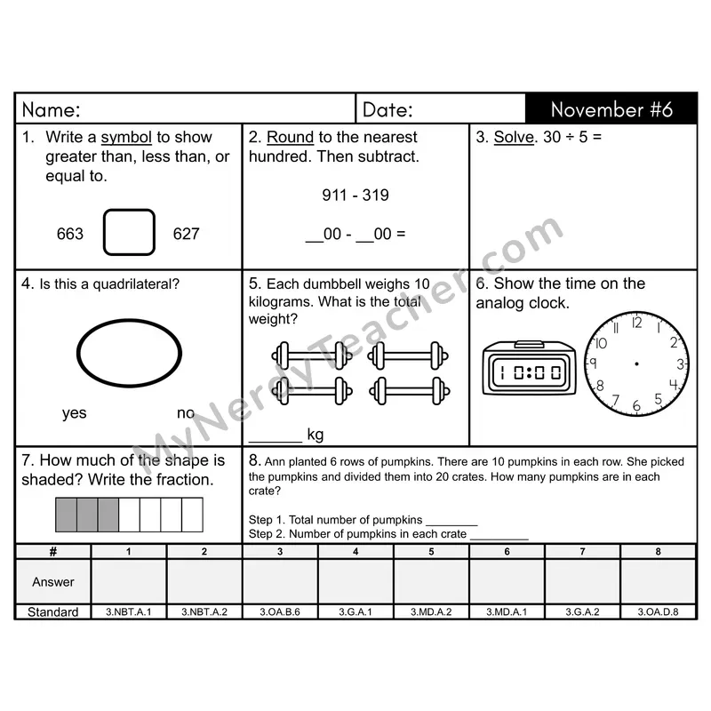 3rd Grade Spiral Math Review Morning Work — November Day 6: Geometry, Rounding