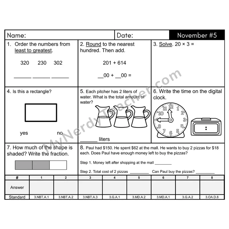 3rd Grade Spiral Math Review Morning Work — November Day 5: Geometry, Rounding