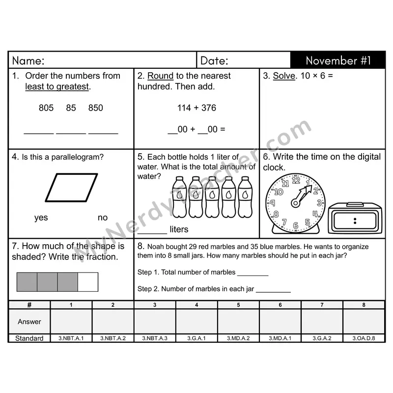 3rd Grade Spiral Math Review Morning Work — November Day 1: Geometry, Rounding