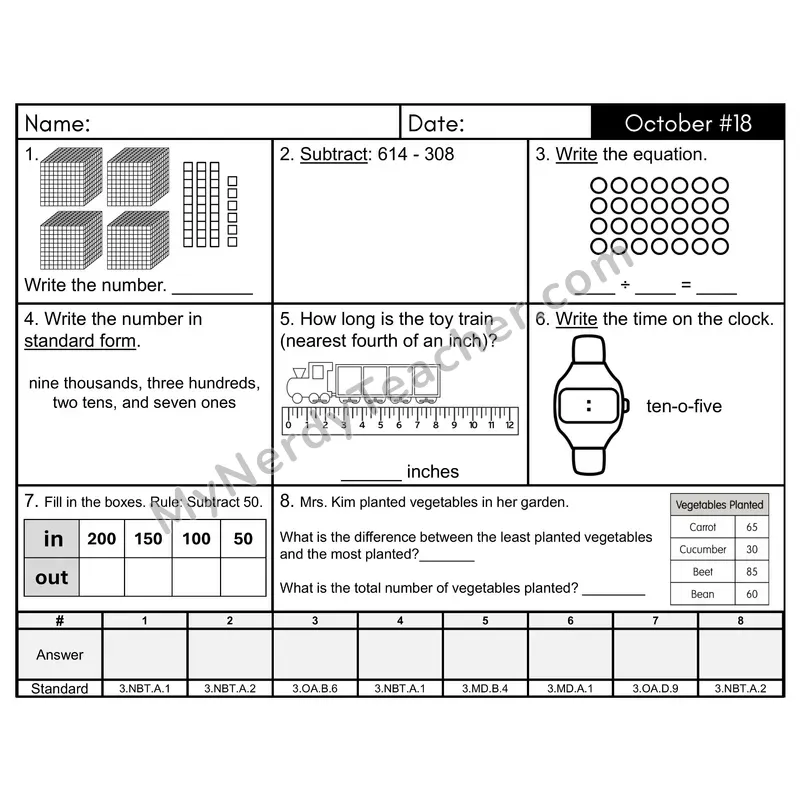3rd Grade Spiral Math Review Morning Work — October Day 18: Rounding, Addition & Subtraction