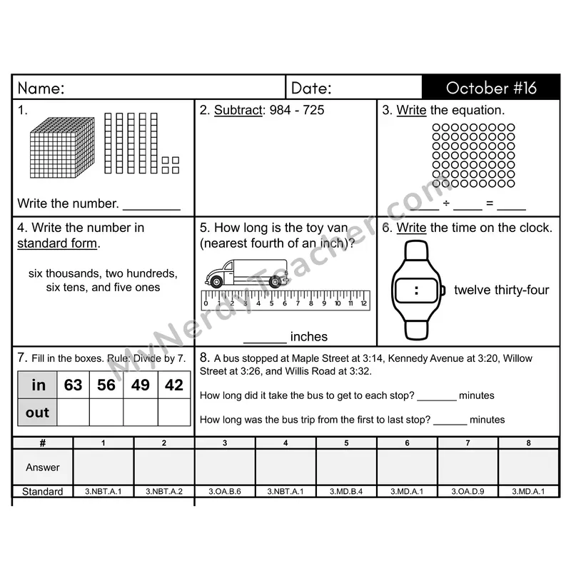 3rd Grade Spiral Math Review Morning Work — October Day 16: Rounding, Addition & Subtraction
