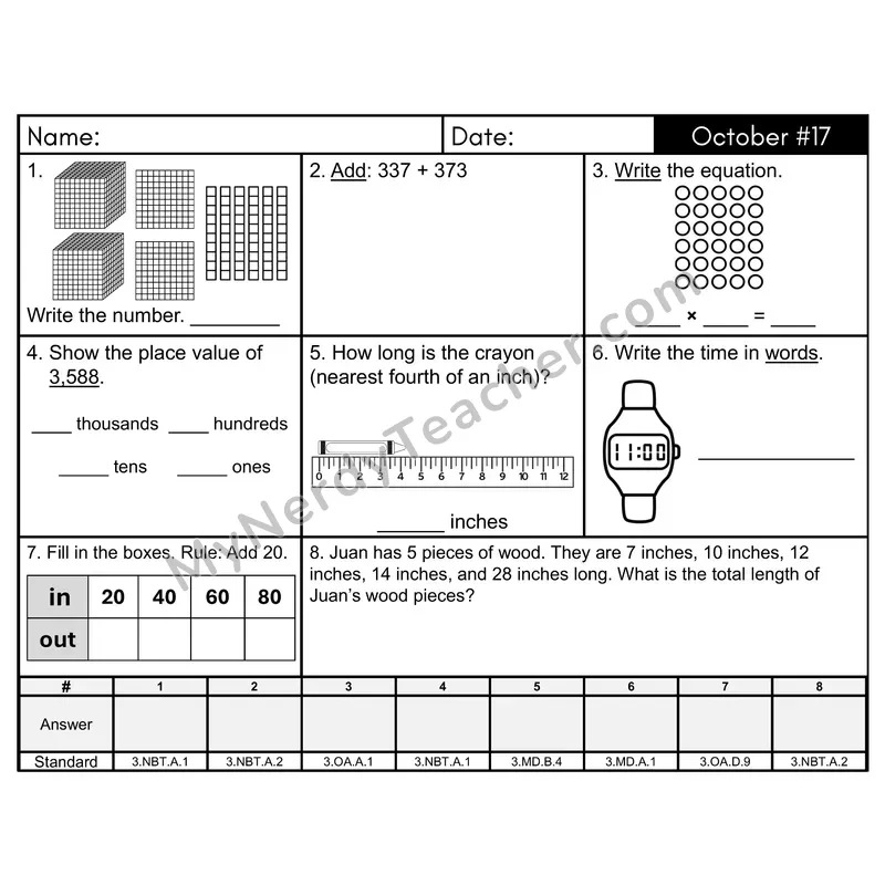 3rd Grade Spiral Math Review Morning Work — October Day 17: Rounding, Addition & Subtraction